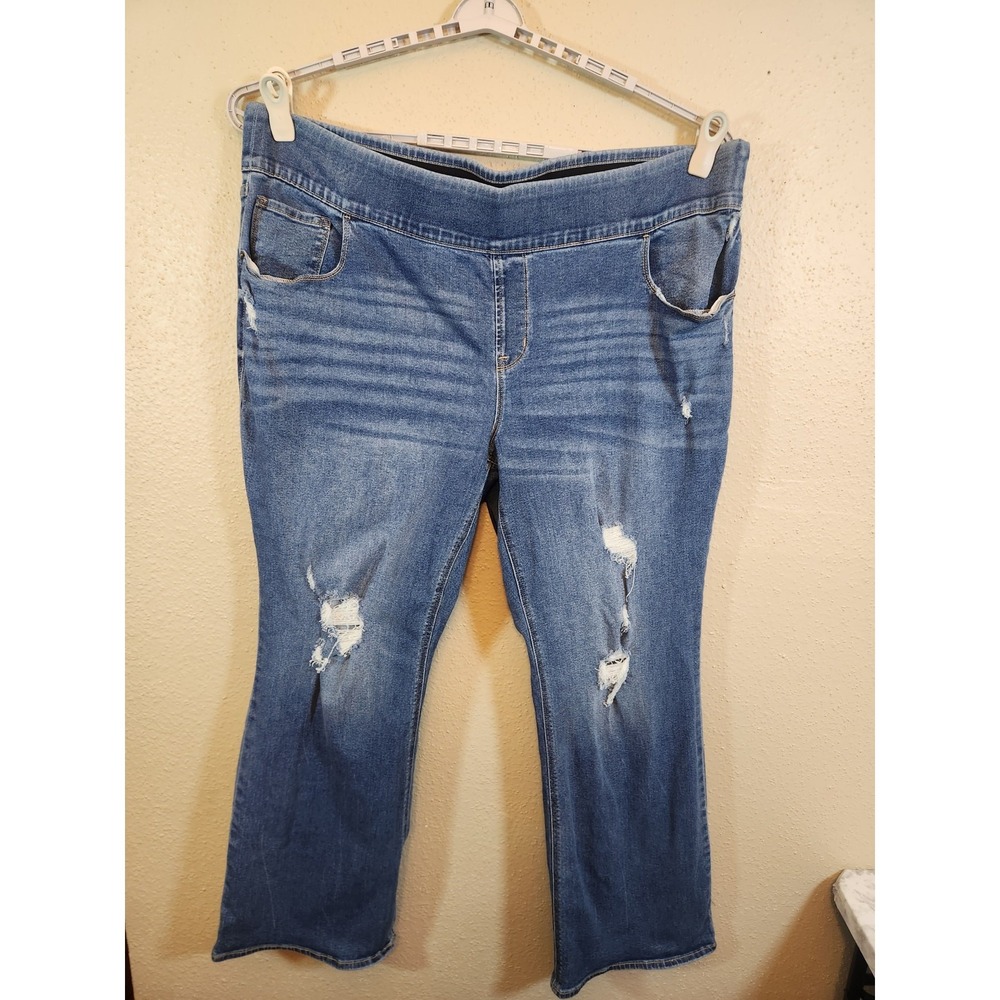 Old Navy Womens 28 Plus Long Blue Boot-Cut Jeans Pull-On Distressed Ripped Denim